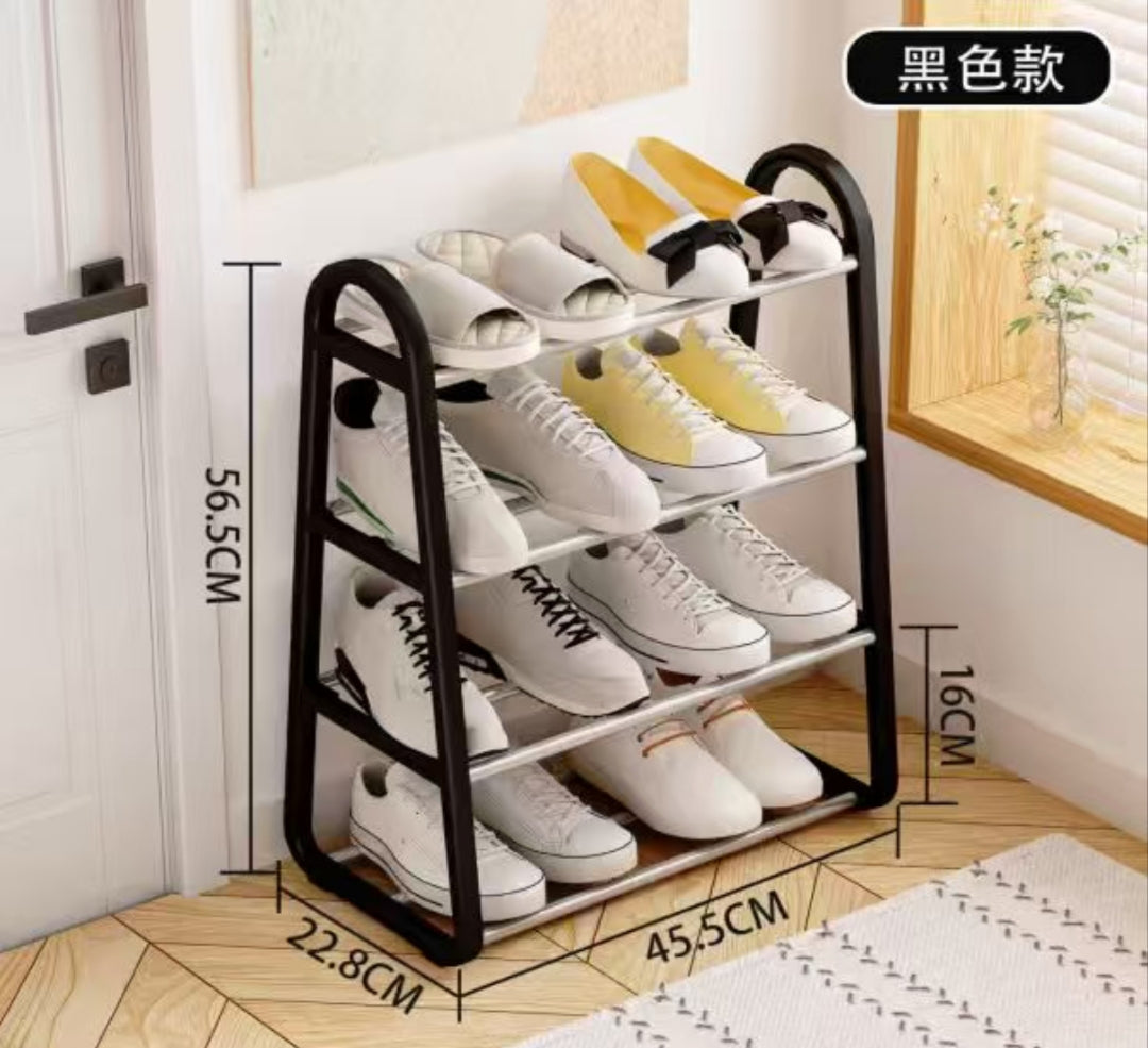 Black four-tier shoe rack with dimensions shown