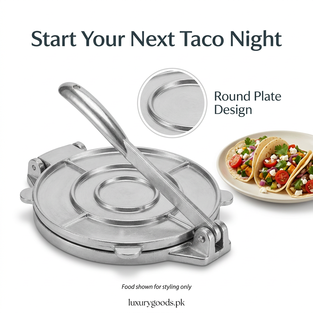 Manual tortilla press styled beside prepared tacos