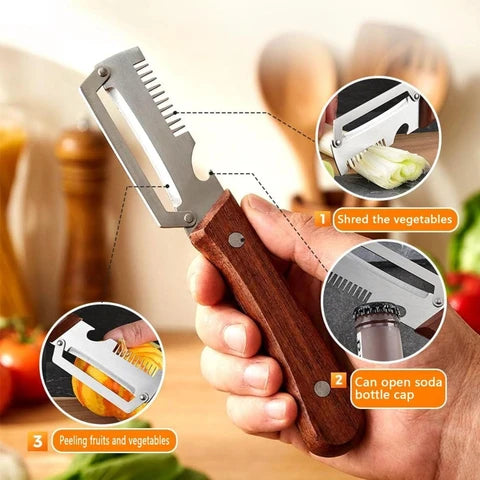 3-in-1 Vegetable Peeler With Wooden Handle & Bottle Opener