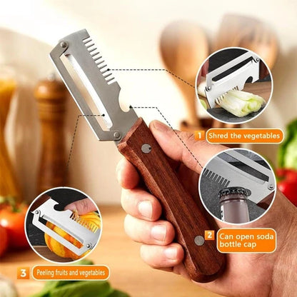 3-in-1 Vegetable Peeler With Wooden Handle & Bottle Opener