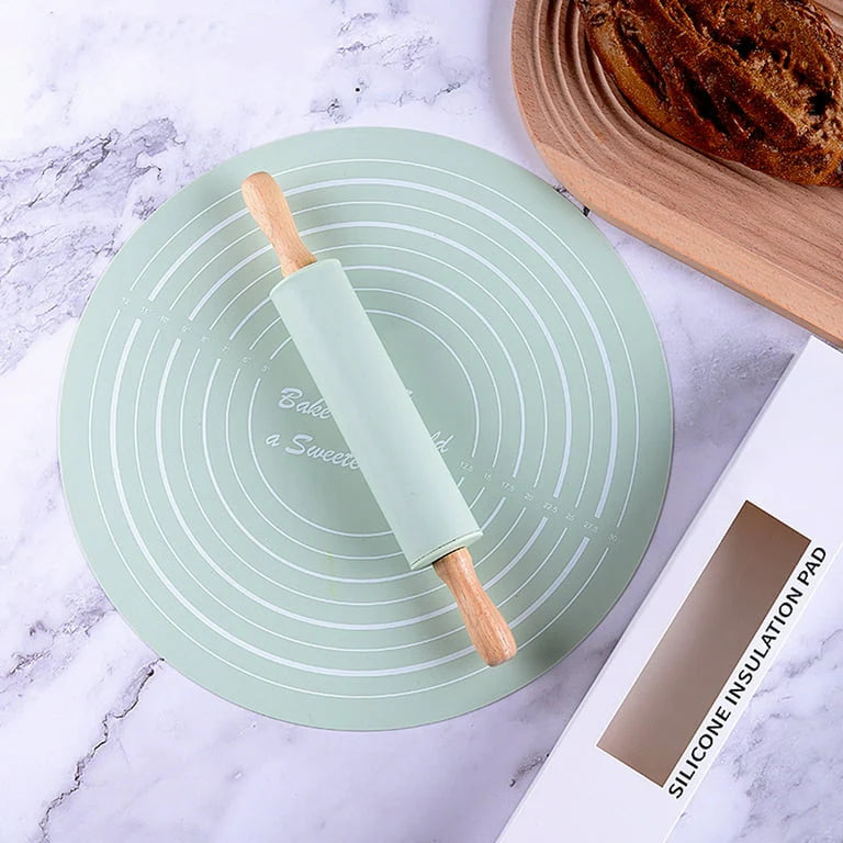 SILICONE ROUND DOUGH MAT ROLLING PIN (IMPORTED)