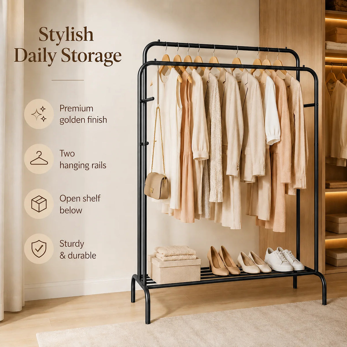 Double Pole Metal Cloth Stand | Garment & Shoes Organizer