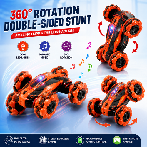 Remote Control 6-Wheel Stunt Car with Lights & Music | Double-Sided RC Car with Battery