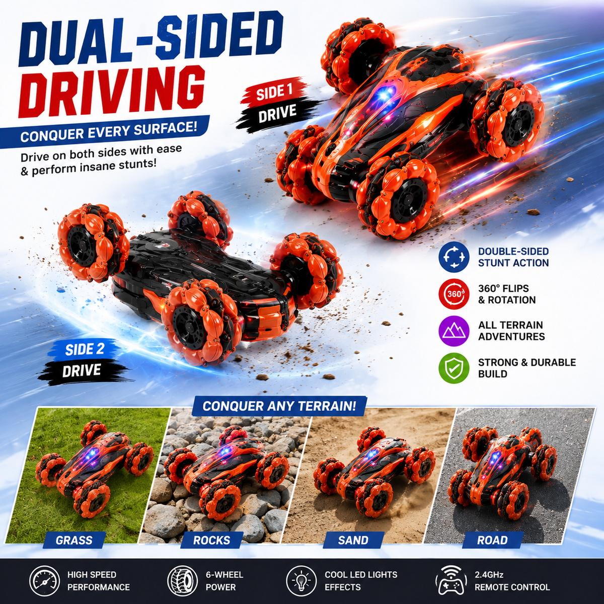 Remote Control 6-Wheel Stunt Car with Lights & Music | Double-Sided RC Car with Battery