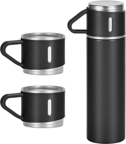 Stainless Steel 500ml Vacuum Flask with 3 Cups: Insulated Travel Mug for Hot & Cold Drinks