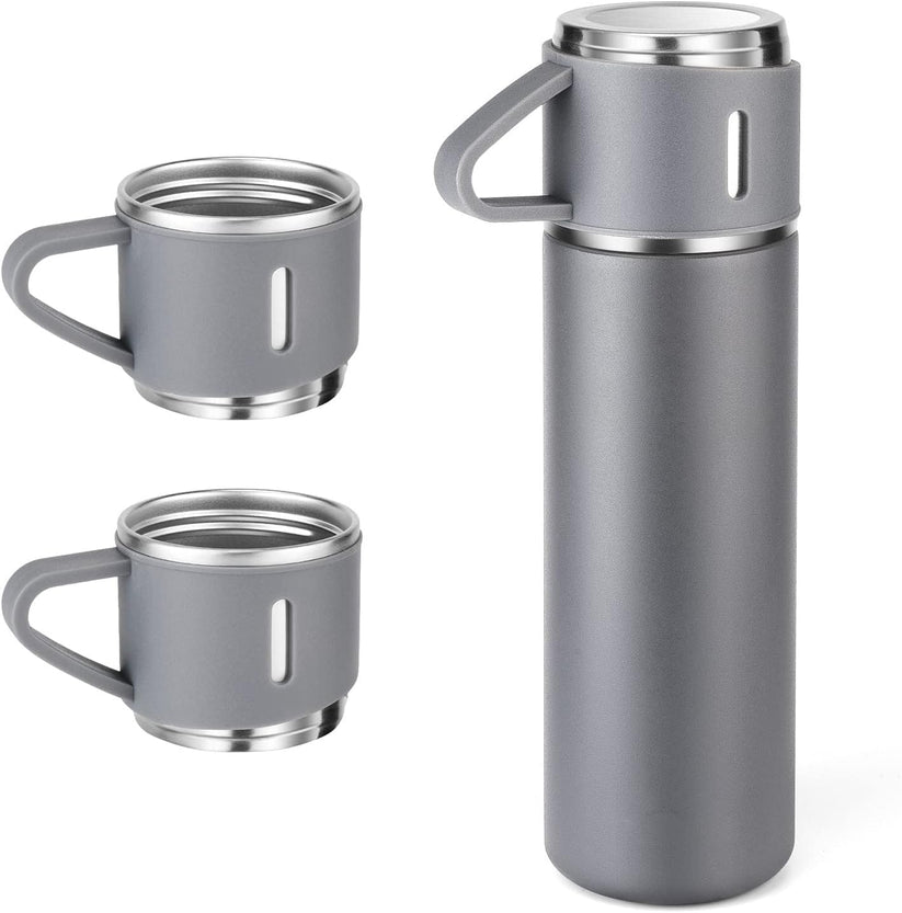 Stainless Steel 500ml Vacuum Flask with 3 Cups: Insulated Travel Mug for Hot & Cold Drinks
