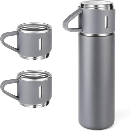 Stainless Steel 500ml Vacuum Flask with 3 Cups: Insulated Travel Mug for Hot & Cold Drinks
