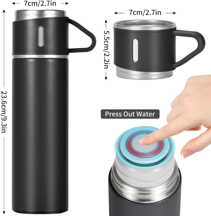 Stainless Steel 500ml Vacuum Flask with 3 Cups: Insulated Travel Mug for Hot & Cold Drinks