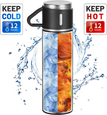 Stainless Steel 500ml Vacuum Flask with 3 Cups: Insulated Travel Mug for Hot & Cold Drinks