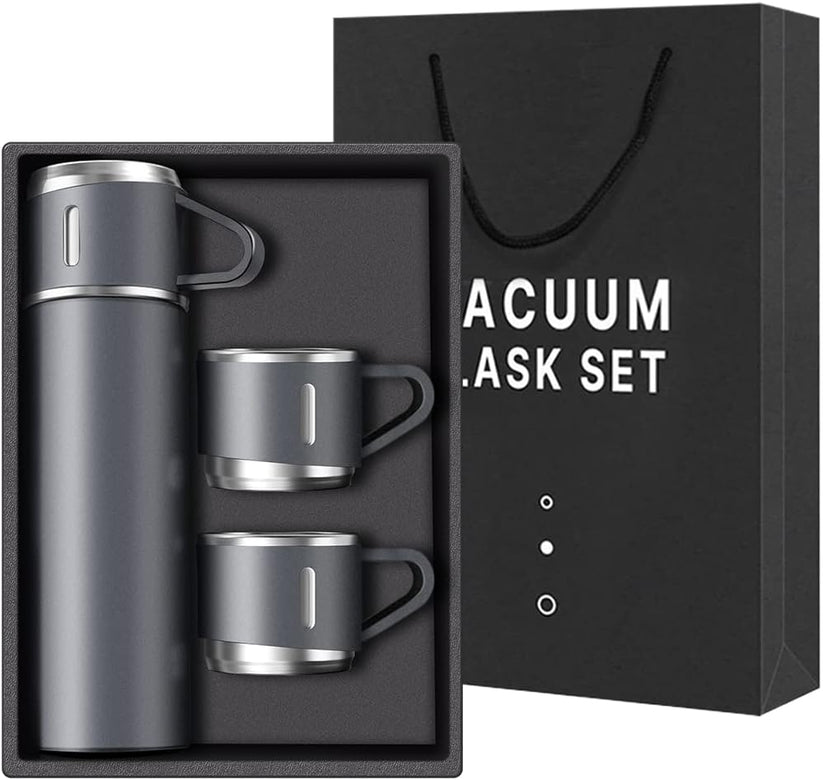 Stainless Steel 500ml Vacuum Flask with 3 Cups: Insulated Travel Mug for Hot & Cold Drinks