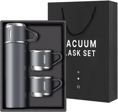 Stainless Steel 500ml Vacuum Flask with 3 Cups: Insulated Travel Mug for Hot & Cold Drinks