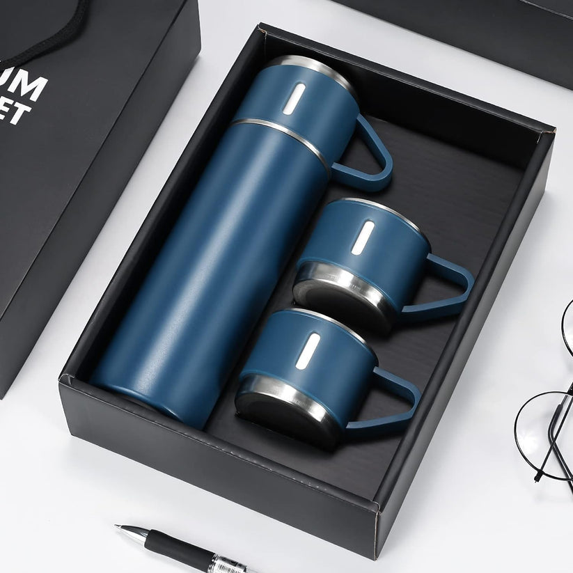 Stainless Steel 500ml Vacuum Flask with 3 Cups: Insulated Travel Mug for Hot & Cold Drinks