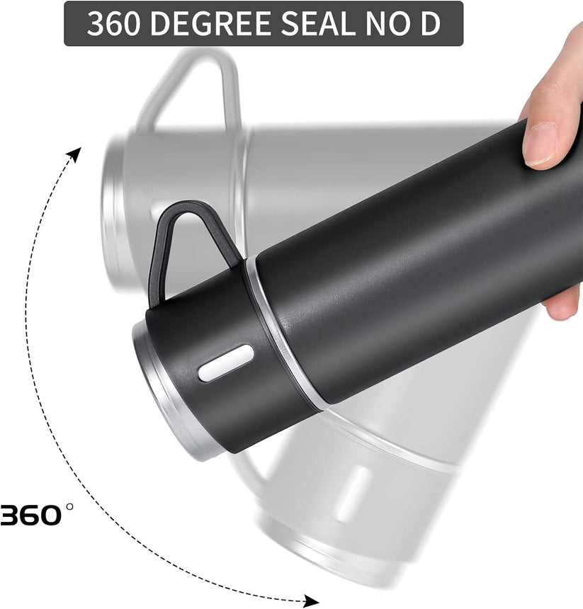 Stainless Steel 500ml Vacuum Flask with 3 Cups: Insulated Travel Mug for Hot & Cold Drinks