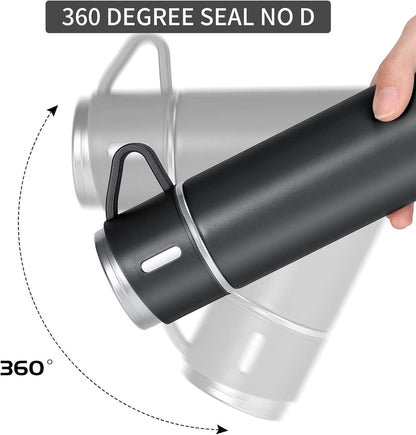 Stainless Steel 500ml Vacuum Flask with 3 Cups: Insulated Travel Mug for Hot & Cold Drinks