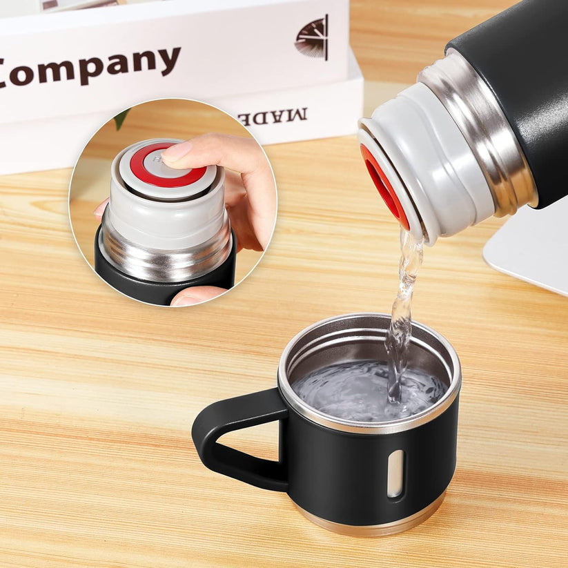 Stainless Steel 500ml Vacuum Flask with 3 Cups: Insulated Travel Mug for Hot & Cold Drinks