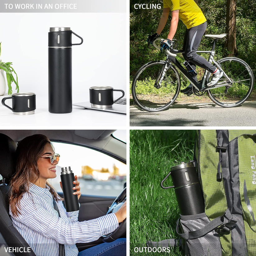 Stainless Steel 500ml Vacuum Flask with 3 Cups: Insulated Travel Mug for Hot & Cold Drinks
