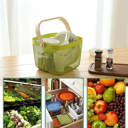 Kitchen Organizer Metal Wire Mesh Fruit Storage Basket with Wooden Handle