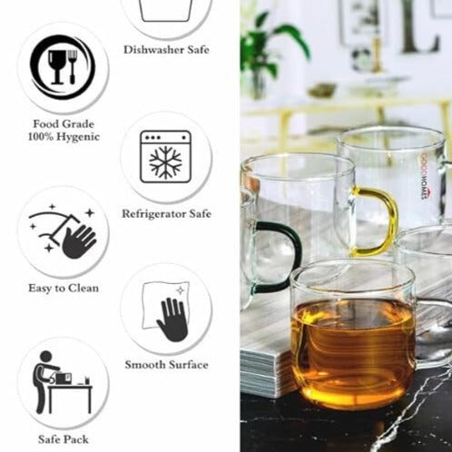 Glass Tea/Coffee Mug With Coloured Handle Set of 4pcs