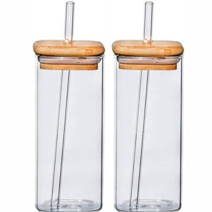 Borosilicate Glass Mugs with Glass Straws & Wooden Lids (Set of 2)