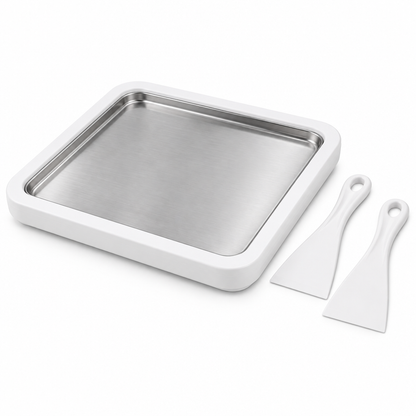 White framed ice cream tray with two white scrapers on a white background