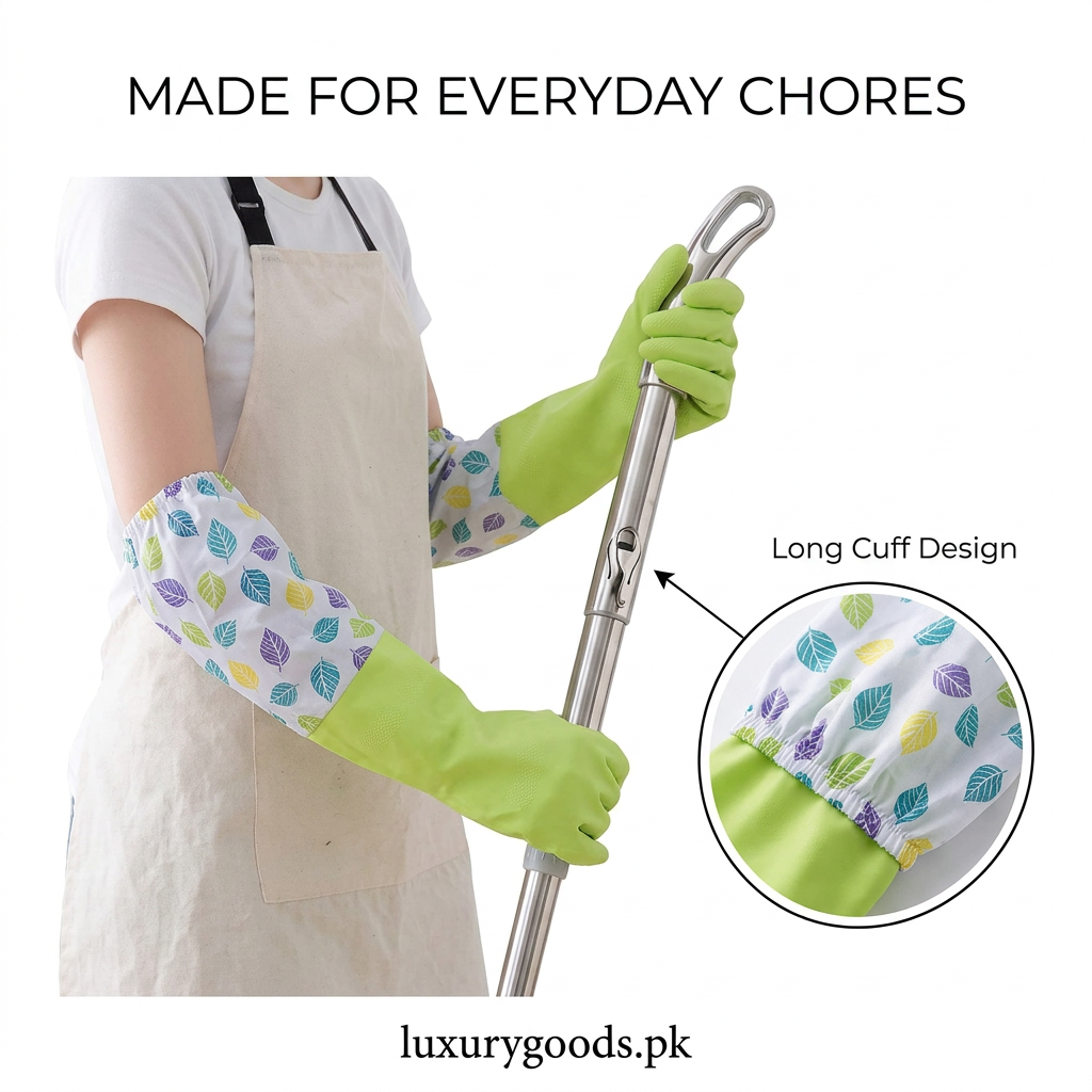 Green long cleaning gloves holding a mop