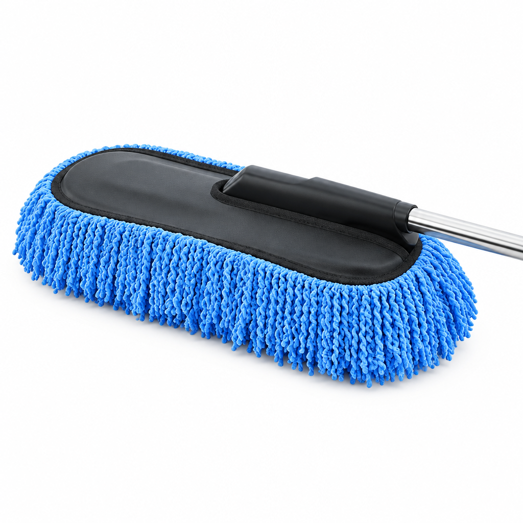 Blue microfiber car cleaning duster with black head and silver-coloured shaft