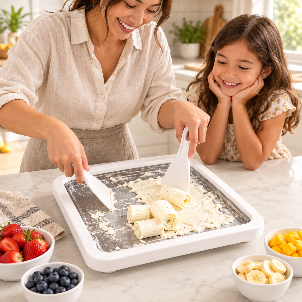 Adult preparing vanilla dessert on a white ice cream tray while a child watches