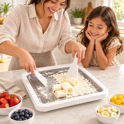 Adult preparing vanilla dessert on a white ice cream tray while a child watches