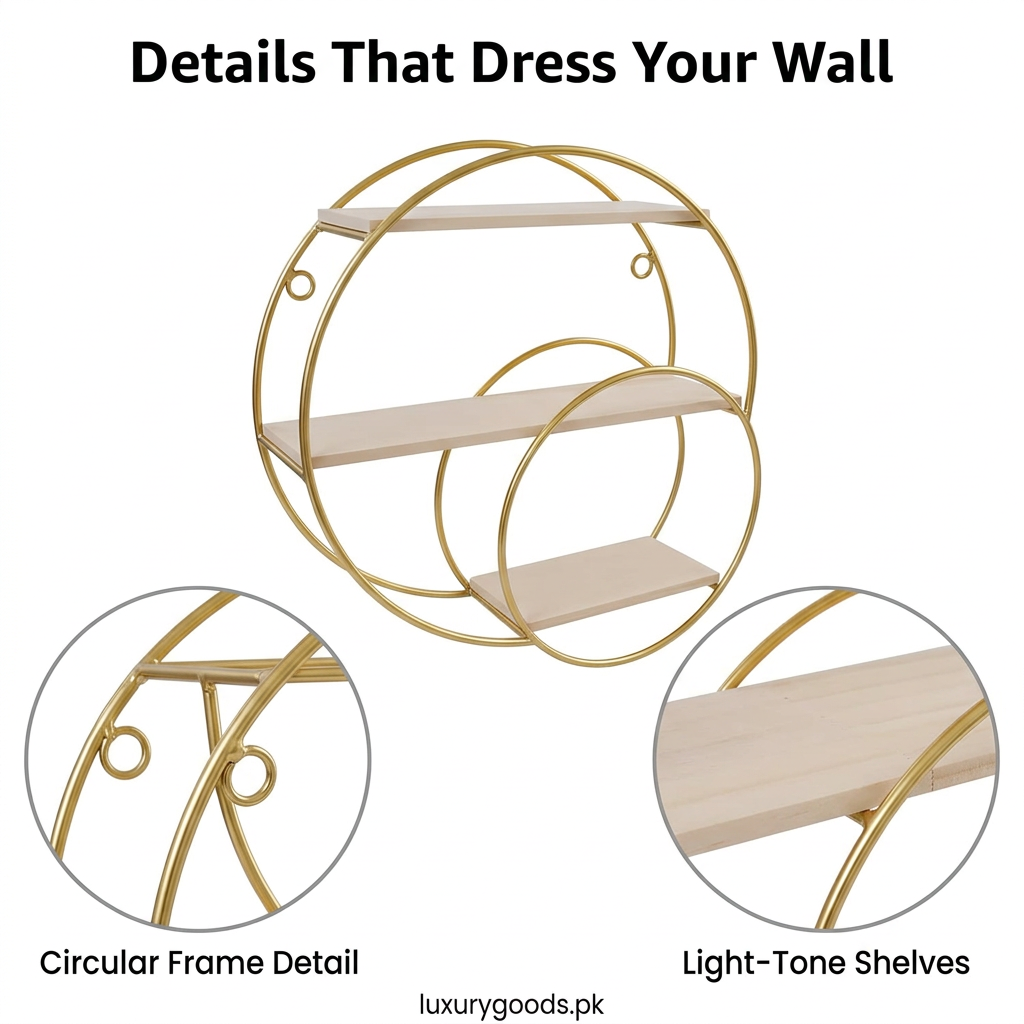 Close-up details of gold-tone circular frame and pale shelf boards