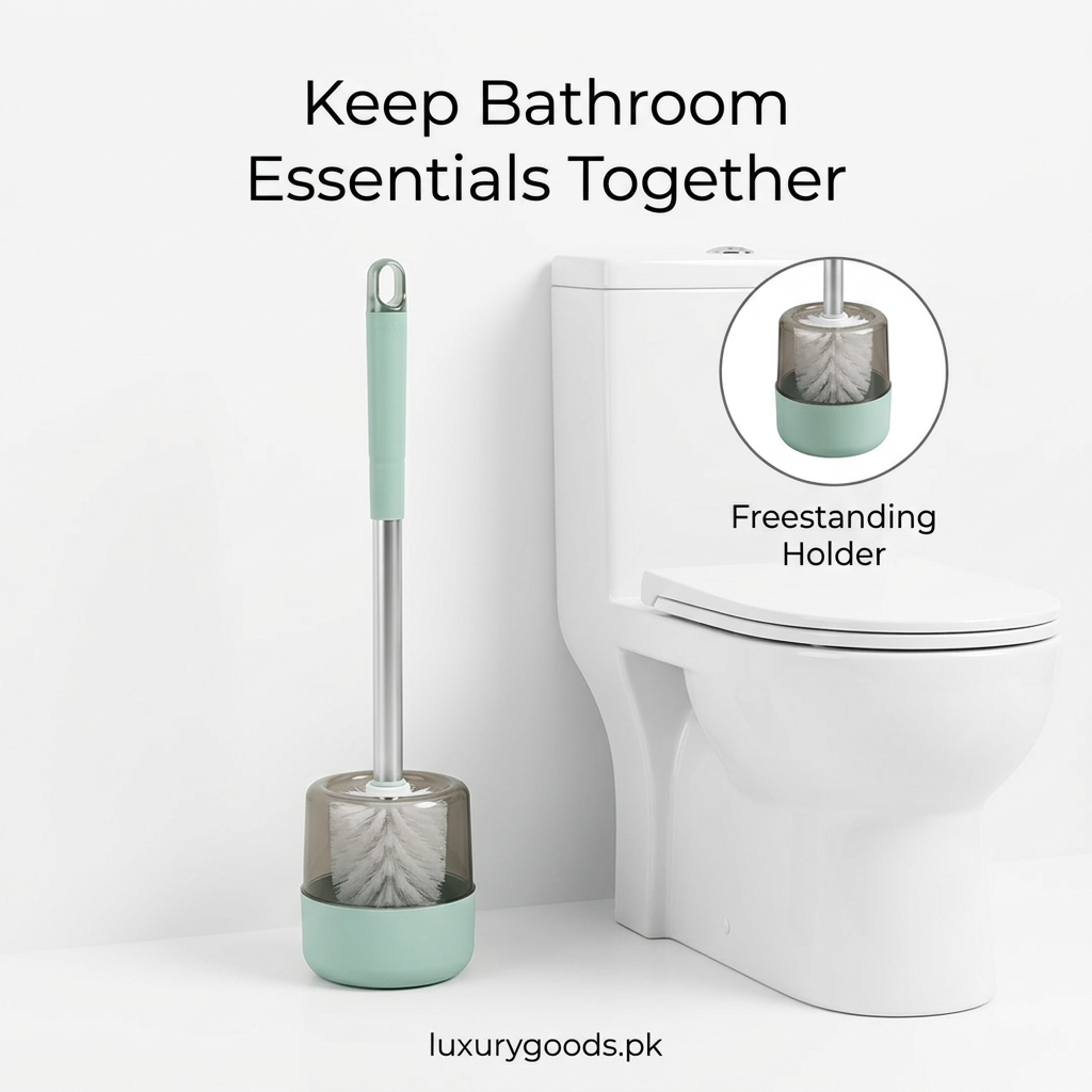 Mint toilet brush with holder beside a white toilet