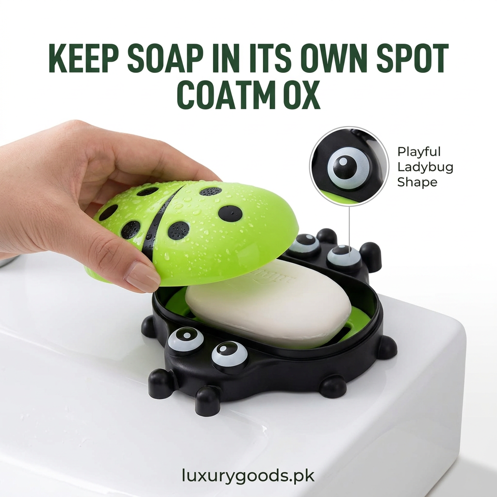 Ladybug soap holder in use beside basin