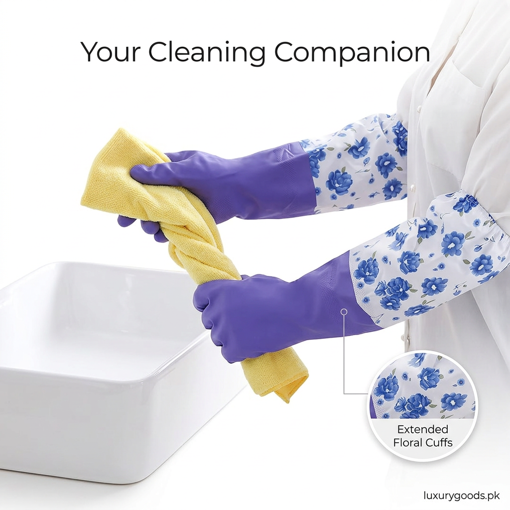 Purple household gloves used with a cleaning cloth