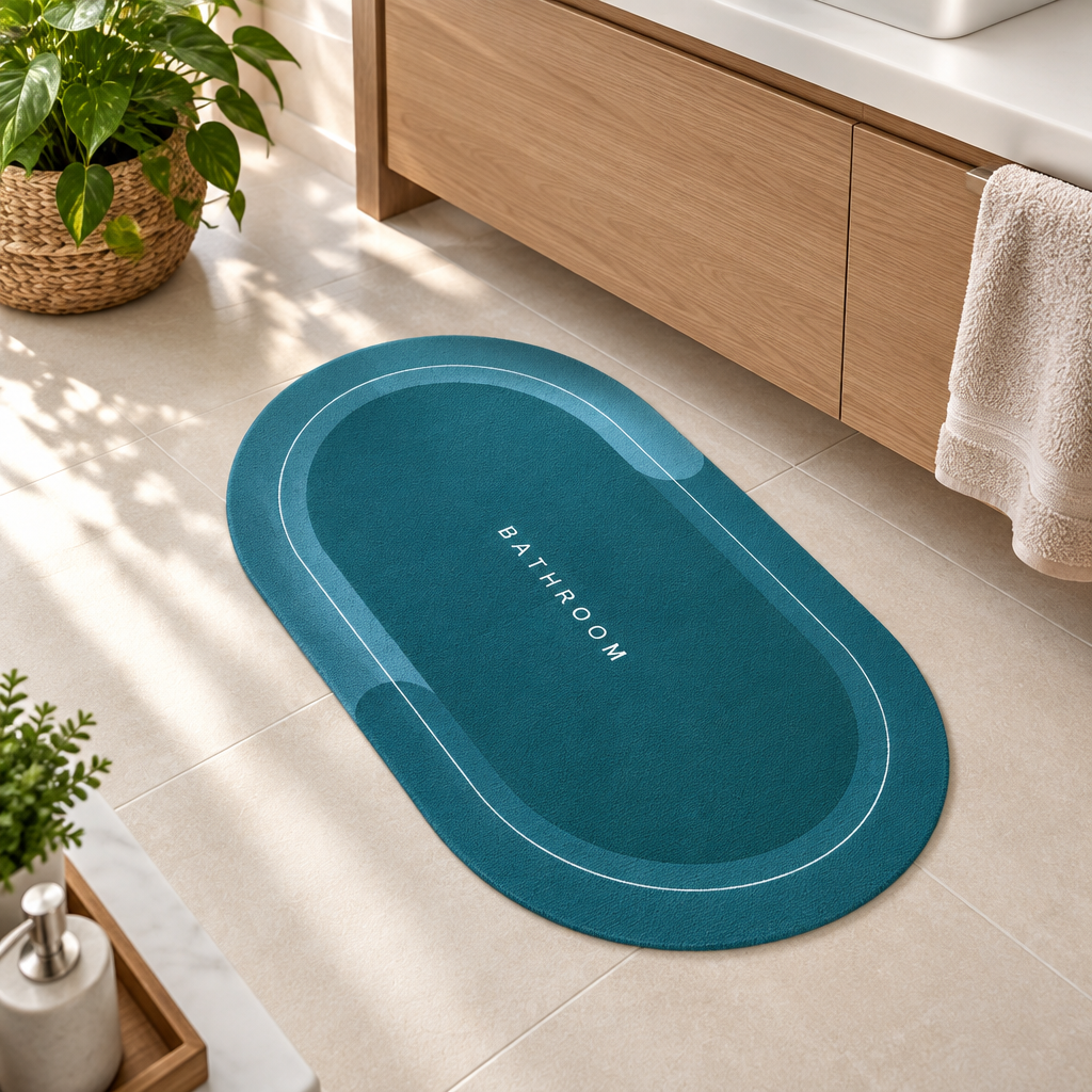 Teal oval bath mat styled beside a bathroom vanity