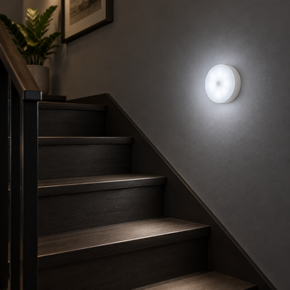 Round sensor light beside indoor stairs