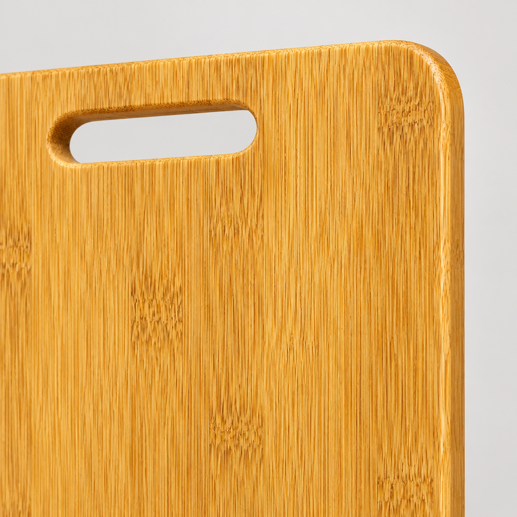Close-up of cutting board handle slot and rounded corner