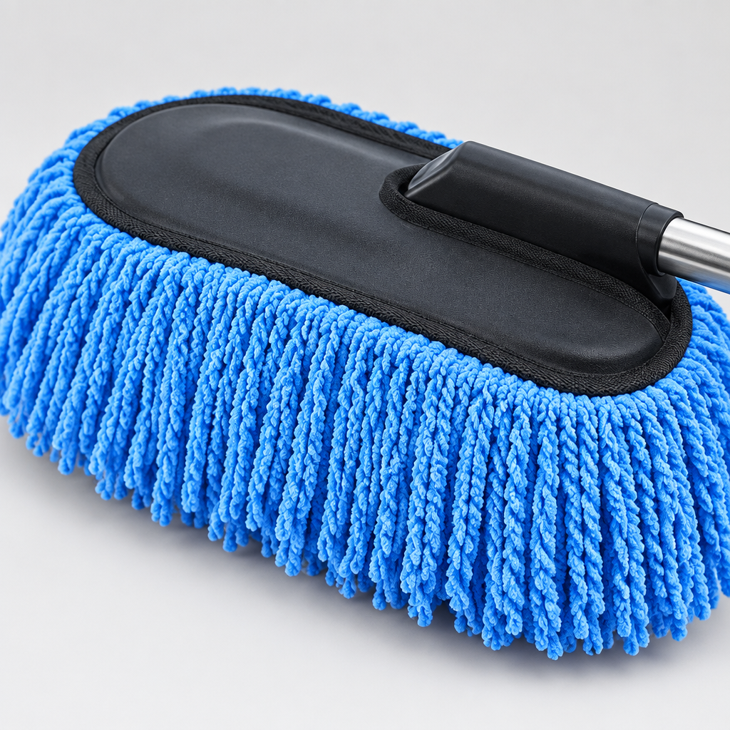 Close-up of blue microfiber strands and black duster head