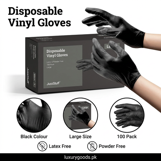 Black disposable vinyl gloves large 100 pack feature graphic