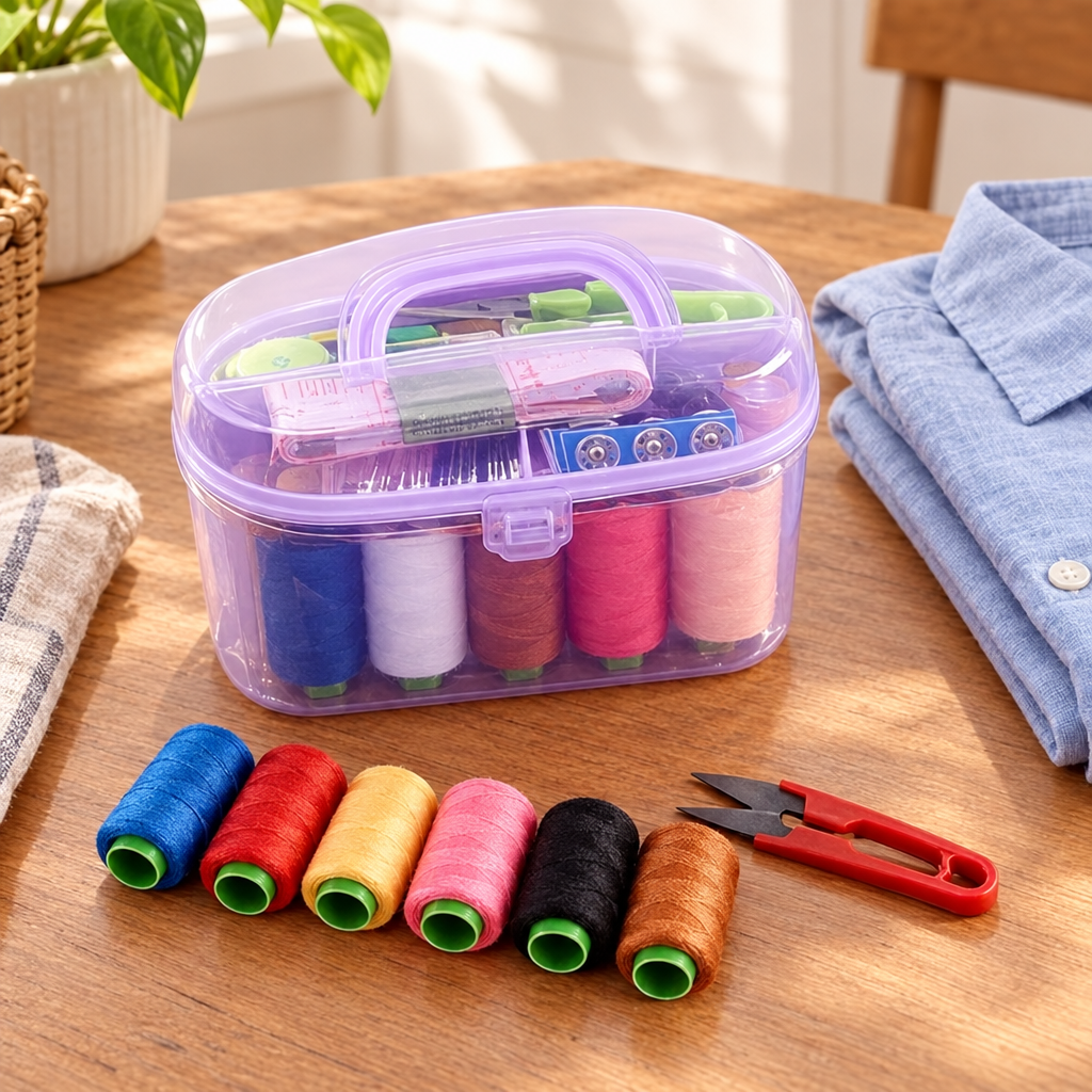 Sewing kit styled on a home mending table