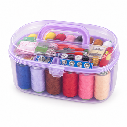 Sewing kit in a translucent carry box on a studio background