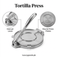 Manual tortilla press with round plates and silver-tone lever