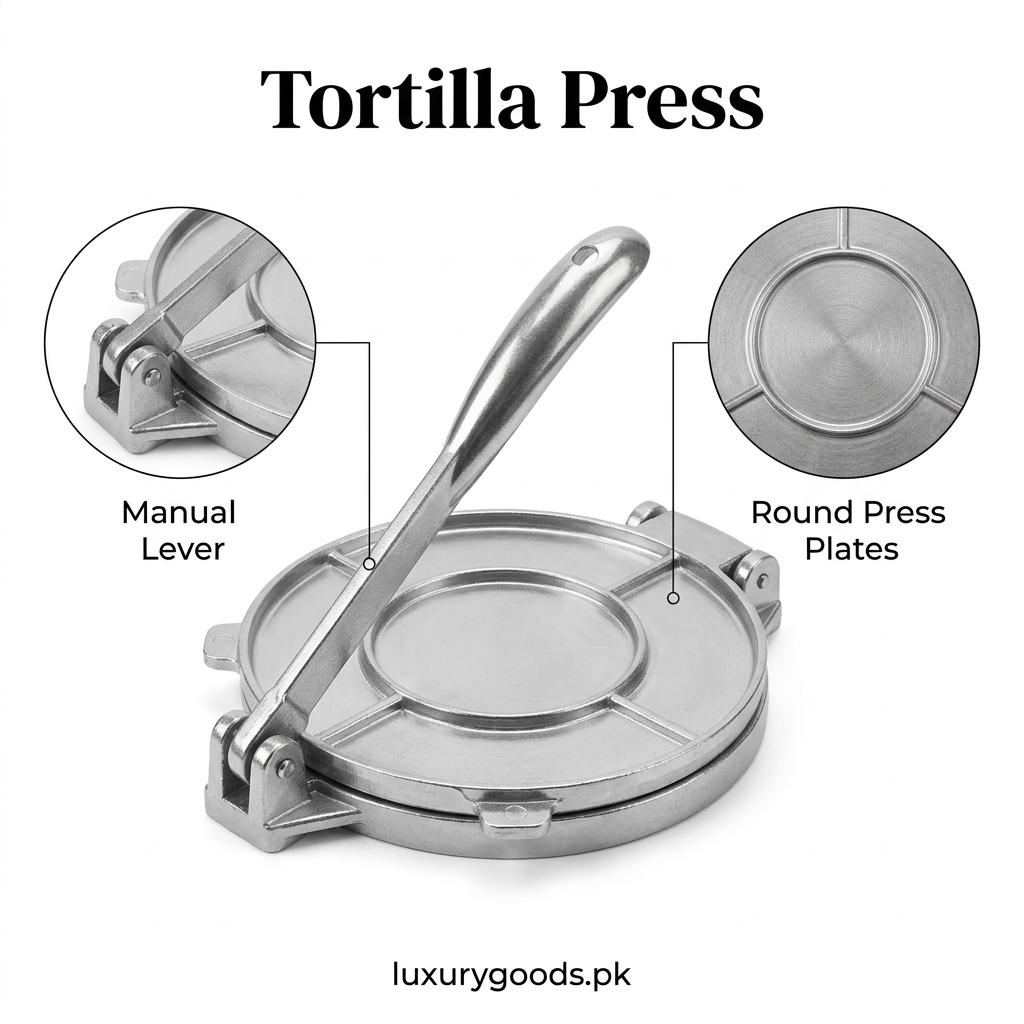 Manual tortilla press with round plates and silver-tone lever