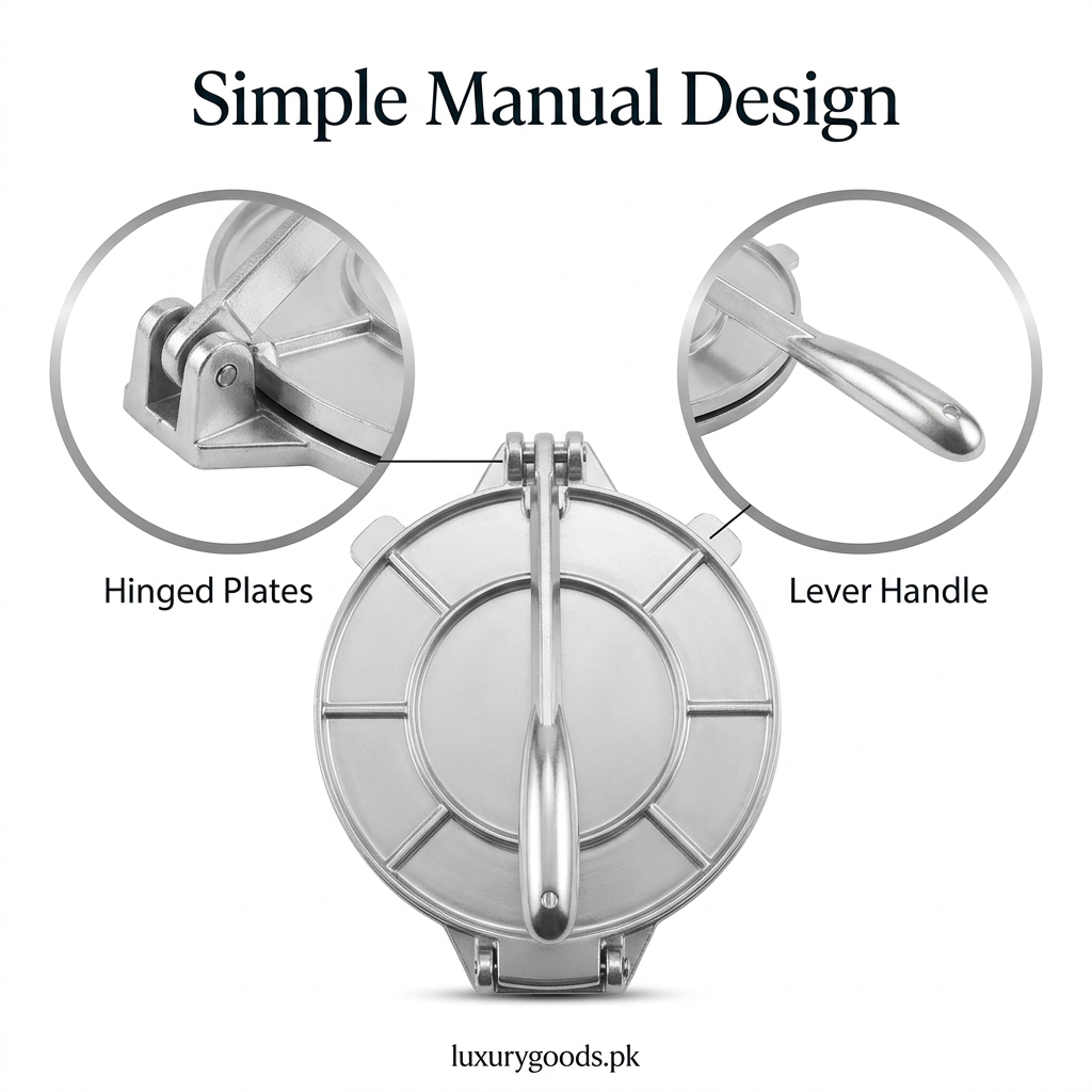 Close-up of tortilla press hinge and lever handle