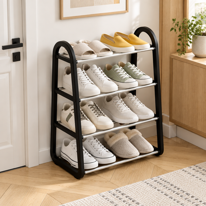 Black four-tier shoe rack styled in an entryway