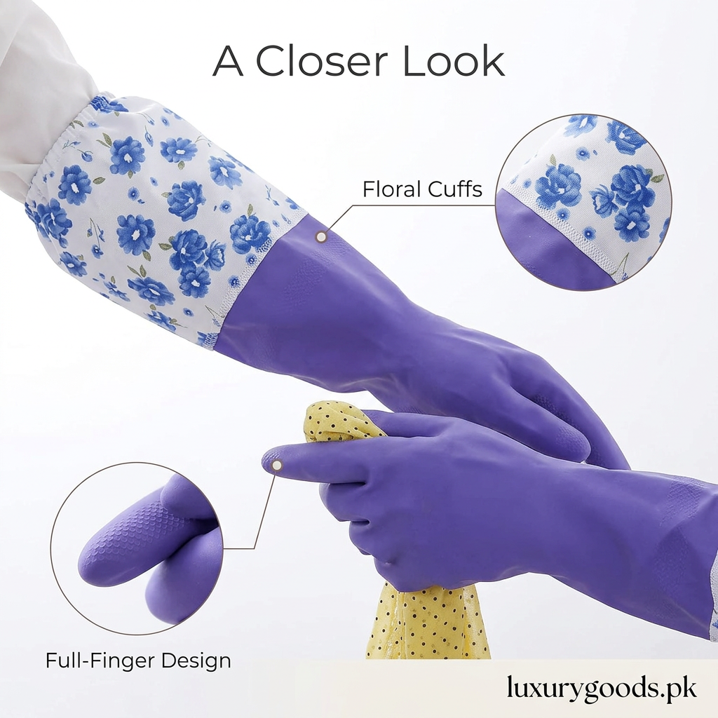 Close-up of long gloves and floral cuff details