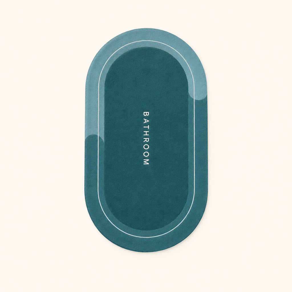 Teal oval bathroom floor mat with two-tone border