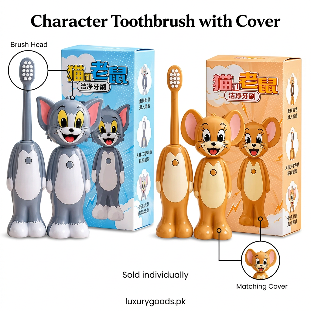 Cat and mouse character toothbrush designs with packaging and luxurygoods.pk branding, sold individually