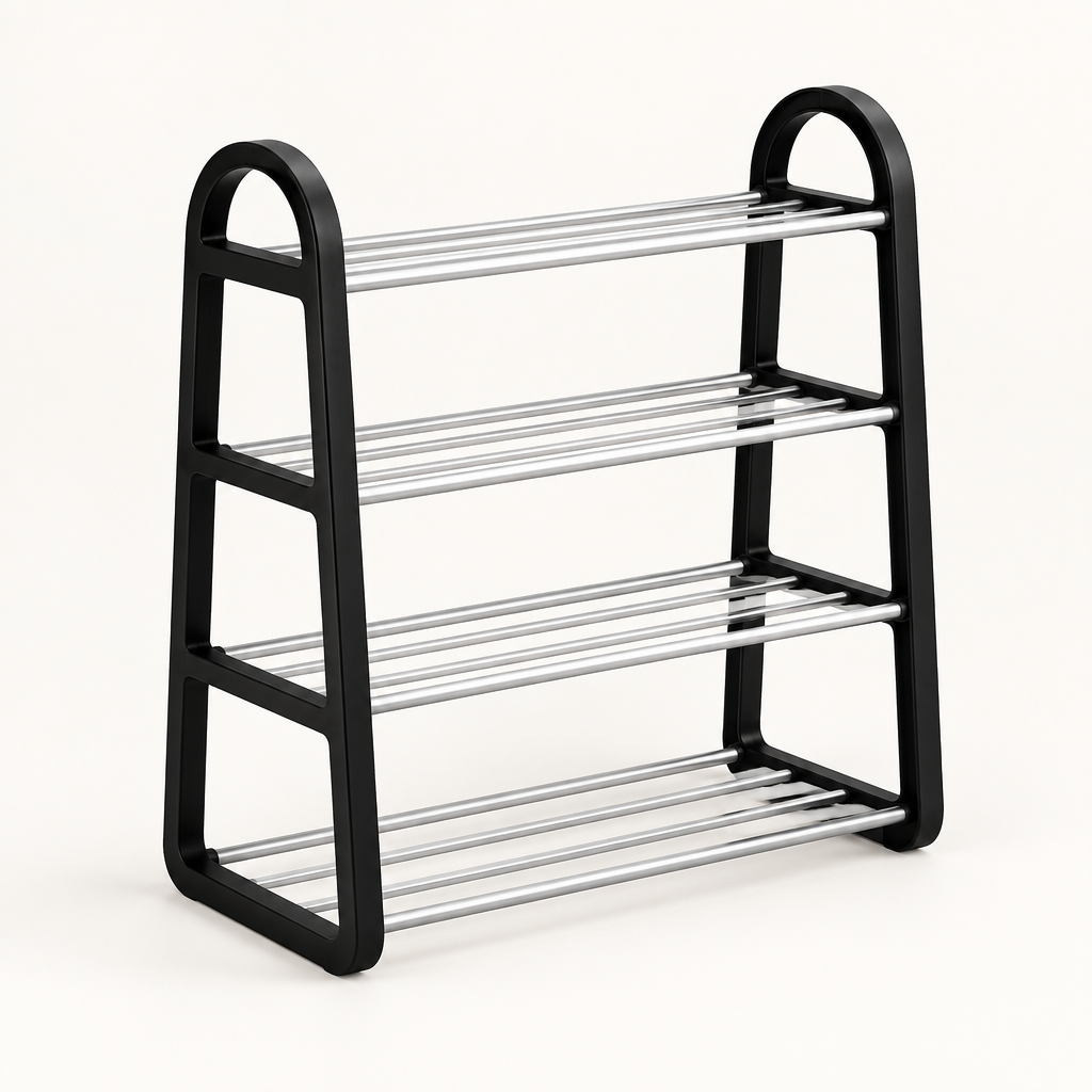 Black four-tier shoe rack on a clean studio background