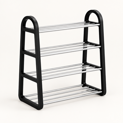 Black four-tier shoe rack on a clean studio background