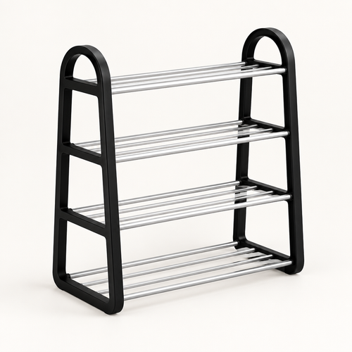 Black four-tier shoe rack on a clean studio background