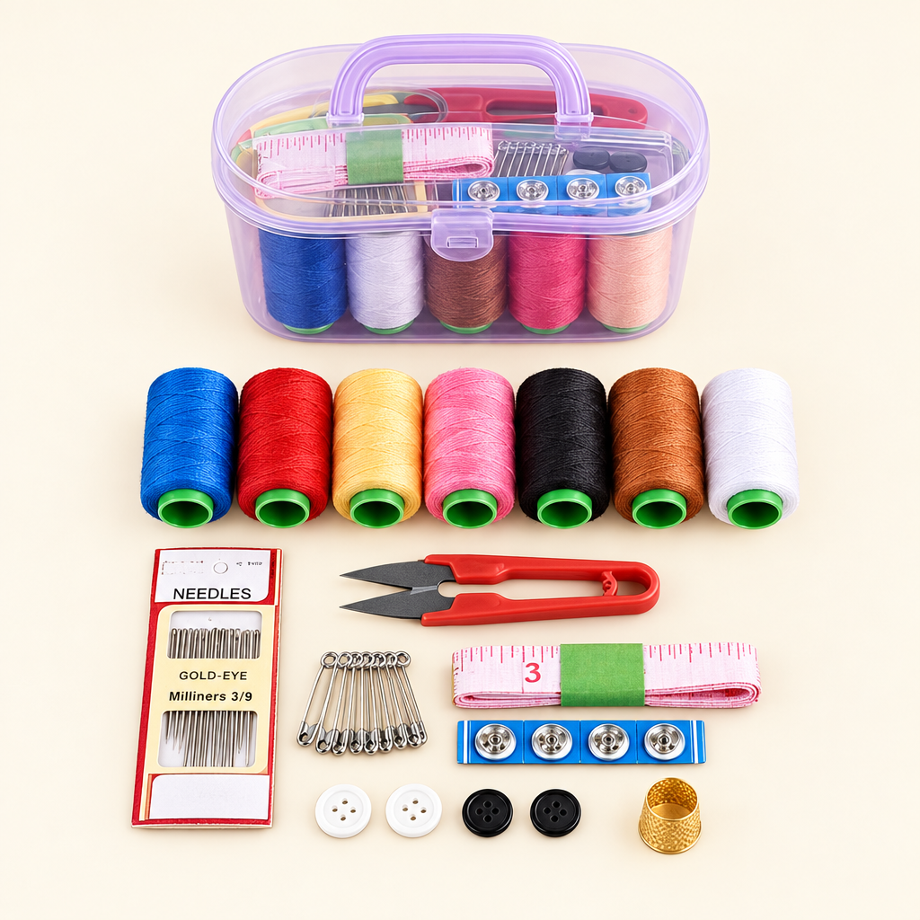 Sewing kit box with threads and accessories arranged on a clean surface